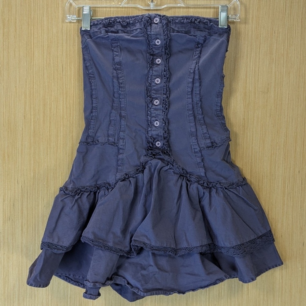 Fairy Grunge Steampunk Boho Strapless Ruffle Mini Dress Size M Purple Blue Faded